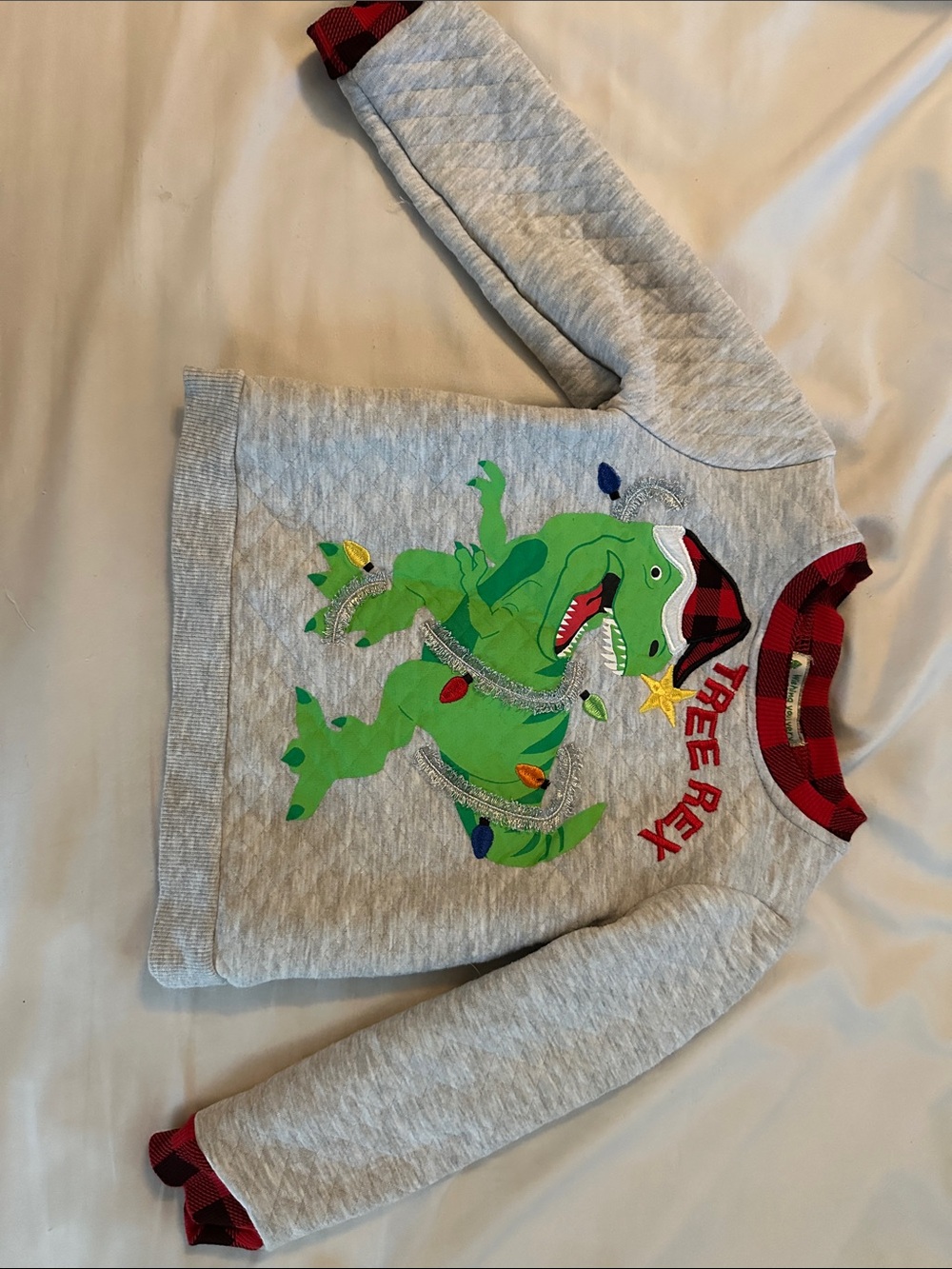 Kids' Light Gray Dino Holiday Sweatshirt with Red Plaid Trim